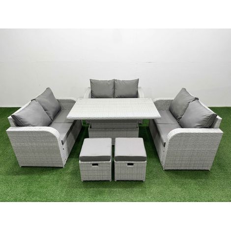 Fimous 8 Seater PE Wicker Rattan Furniture Sofa Sets with Adjustable Lifting Dining or Coffee Table 2 Seater Love Sofa 2 Stool Light Grey (1/5)