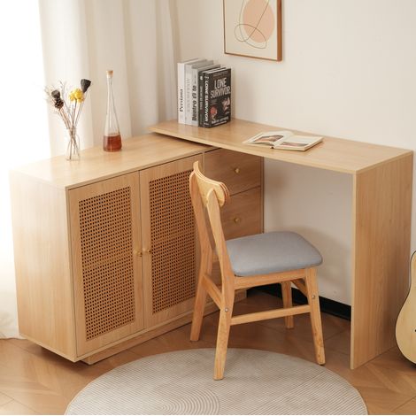 Escritorio esquinero en L pivotante 126 cm de MDF efecto madera natural con almacenaje HAVRYA (1/5)