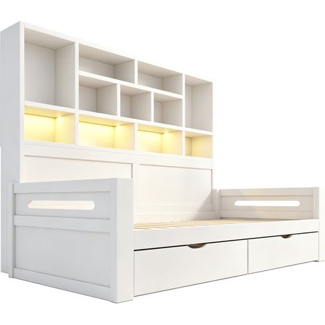 Cama individual multifunción 90 x 200 cm con almacenaje, LED y enchufes, MDF blanco MODENUIT (1/5)