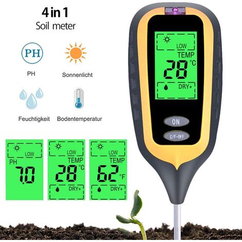 Misuratore di pH del terreno 4 in 1: pH, umidità, temperatura, luce - Misuratore elettronico di pH per terreno, ideale per giardino e piante.