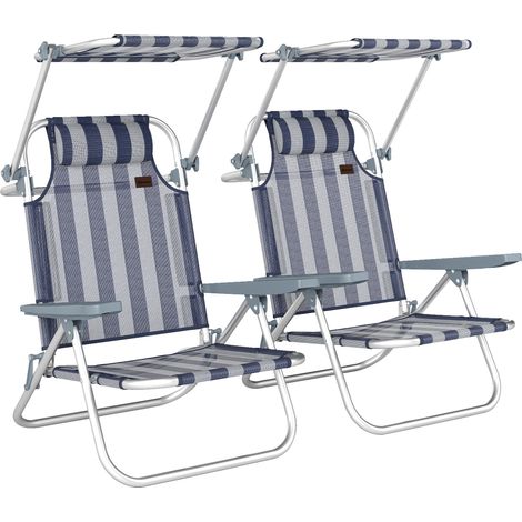 Lot de 2 chaises de plage bleu et blanc avec auvent réglable, 6 positions et appui-tête, mobilier extérieur design sobre pour bord de mer pratique et confortable