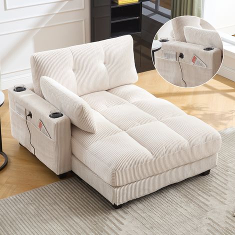 Sillón chaise longue 140x112x81 cm beige en pana con reposacabezas ajustable, portavasos, bolsillo lateral y USB (1/5)