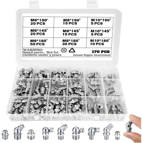 170 Pièces Graisseur a Visser, Kit Assorti de Graisseur Métriques M6 M8 M10 Raccords de Graisse Graisseurs Droit et Angle 45° 90° Graisseur Hydraulique pour Pistolet à Graisse (1/4)