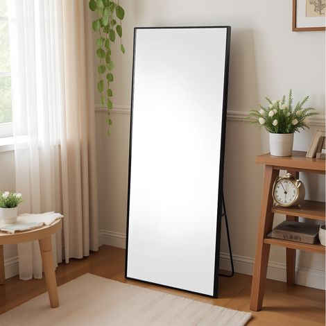 Ganzkörperspiegel 77 x 173 cm,  quadratischer Standspiegel mit Rahmen and Aluminiumlegierung, Schlafzimmerspiegel mit robustem Glas, für Schlafzimmer, Wohnzimmer und Garderobe, Schwarz (1/5)