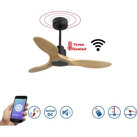 Tenerife  - Super destratificateur et ventilateur DC 106 cm noir  pales bois clair idéal 10 à 20 m²
