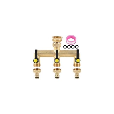 Divisore d'acqua a 3 vie in ottone - 1 ingresso, 3 uscite - Valvola a sfera - Per irrigazione ed elettrodomestici - Filettatura da 3/4" (1/5)