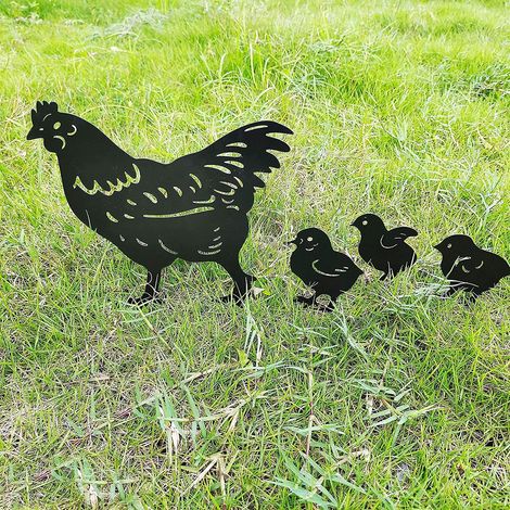 Ensemble de 4 statues de poules en métal de style européen pour la décoration de jardin - Décorations pour pelouse, allée et trottoir (1/5)