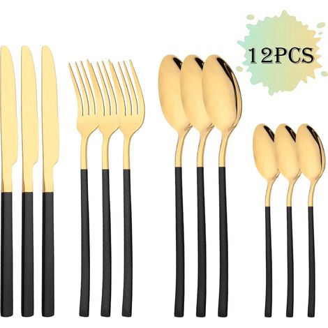 (Ensemble de couverts 12 pièces en acier inoxydable noir et or, comprenant couteau, fourchette et cuillère à café)