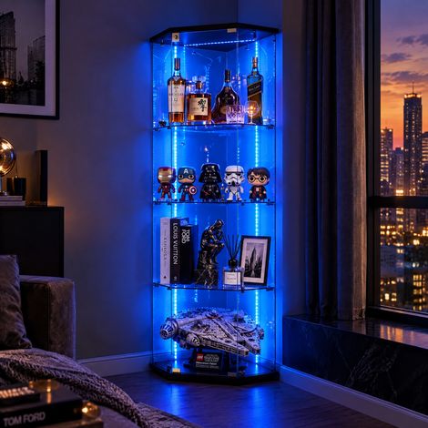 JOOKGBD-Eckvitrine Glasvitrine mit LED-Lichtband,Vitrinenschrank aus Glas und Holz,1 Tür 4 Einlegeböden, abschließbar mit LED-Lichtband,Standvitrine für Sammlerstücke Wohnzimmer,Schwarz