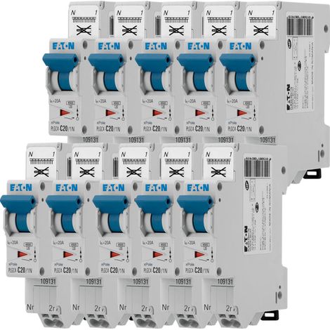 EATON Lot de 10 disjoncteurs auto 20A Ph+N, borne à ressort, 4,5kA (EN 60898) courbe C, 230V, 45kA, courbe C, protection fiable et durable