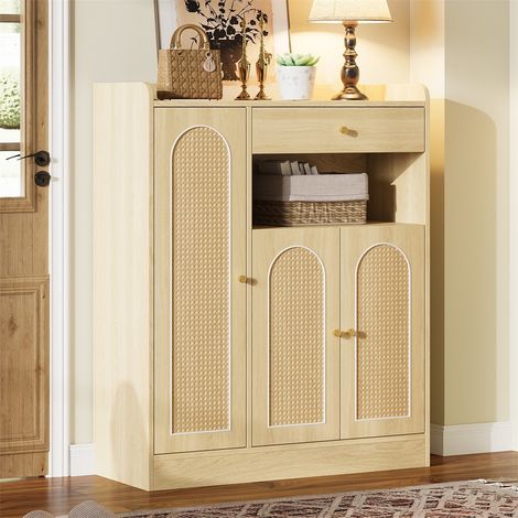 Zapatero de 90 x 35 x 110 cm - De ratán y MDF con 3 puertas, estantes ajustables y 1 cajón para el recibidor - Madera natural (1/5)