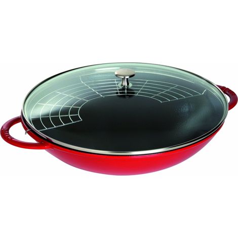 Wok en Fonte avec Couvercle en Verre et Grille Amovible Inclus, Ø 37 cm, 5,7 L, Cerise (1/5)