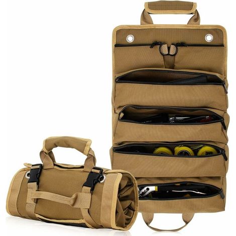 Sac à Outils Enroulable en Toile, Robuste Sac Porte-Outils pour Mécanicien/Électricien/Moto/Camion (Kaki) (1/5)