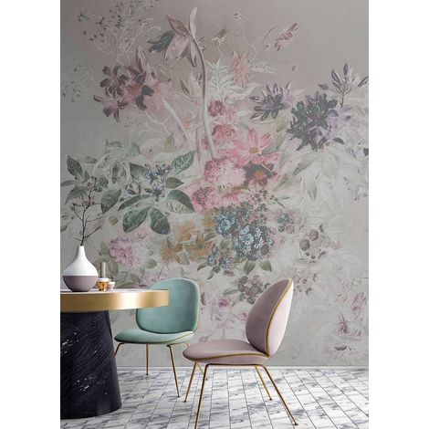 Papier peint panoramique floral pastel idéal salon | Tapisserie panoramique grise claire fleurie pour salon | Papier peint panoramique fleuri style peinture - 270 x 300 cm (3 pièces) (1/5)