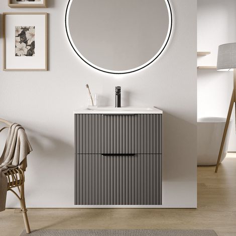 BERNSTEIN - Mueble de baño antracita mate estriado 60x46x62cm (LxAnxAl) 2 cajones, Tiradores cromados - TIM60 cromo, Antracita mate perfilado