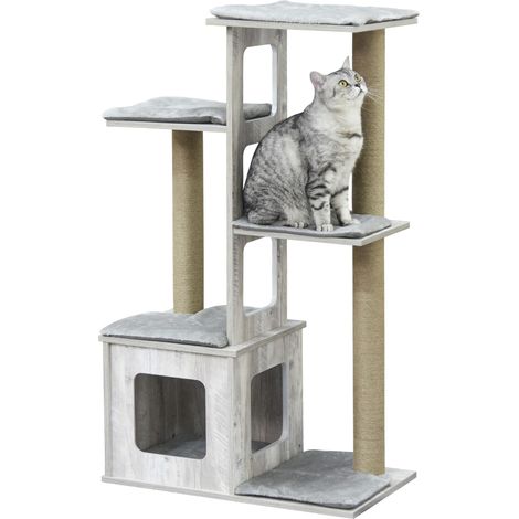 Arbre à chat multi-niveaux avec niche et cordes en jute, 67 x 38,5 x 114 cm, gris