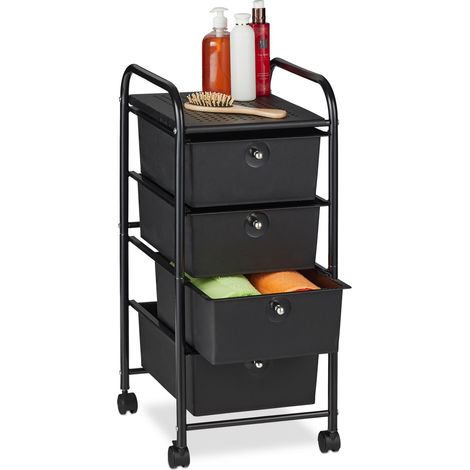 Relaxdays Badrollwagen, 4 Schubladen, Metall & Kunststoff, Rollcontainer Bad, Kosmetik, HBT: 74 x 33 x 39 cm, schwarz