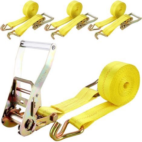 Lot de 4 sangles d'arrimage à cliquet et crochets, 5 m x 50 mm de large, en deux parties, charge lourde, 4000 kg, jaune, pour sécuriser le chargement, l'enlèvement des bagages et le camping (1/5)