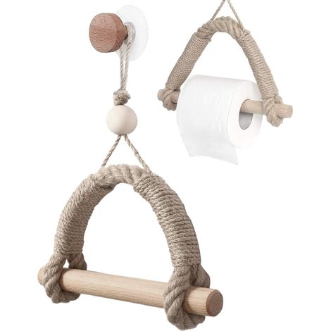 1 Porte-rouleau papier toilette sans perçage, style industriel vintage, corde et bois, porte-serviettes multifonctionnel, pour salle de bain (1/5)