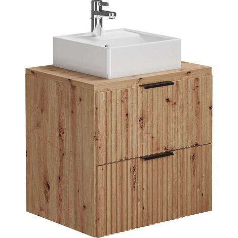 Mobile per bagno sospeso  con scanalature con lavabo da appoggio quadrato - Rovere naturale chiaro - L60 cm - ZEVARA