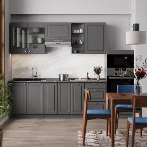 Cuisine Fame-Line, Anthrazit-Gold Landhaus, 280cm , PT Marbre, Vicco