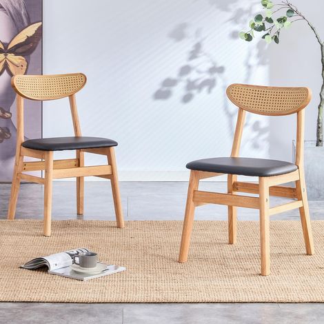Lot de 2 chaises de salle à manger, dossier arrondi en rotin naturel et avec assise rembourrée en similicuir, Bois naturel (1/5)