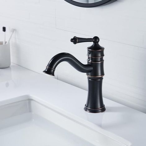 Robinet Salle de Bain, Mitigeur Lavabo Pivotant à 360° Robinet Mitigeur Lavabo, Rétro Mitigeur Robinet de Lavabo, Monotrou Mousseur ABS Démontable Bronze Huilé avec Tuyau (1/5)