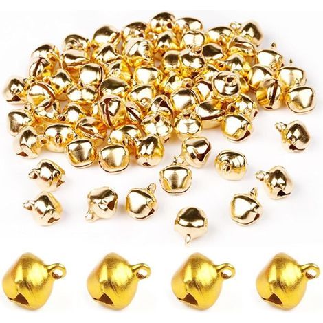 100 clochettes, hochets, petites clochettes, cloches en métal, cloches de Noël, mini clochettes, pour la décoration d'ornements pour les fêtes de Noël à faire soi-même, 12 mm (doré) (1/4)