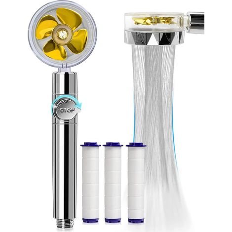 Douche turbo portable, système de filtration anticalcaire à trois niveaux et économie d'eau, avec 3 filtres en coton PP remplaçables, jaune
