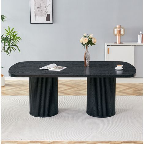 Table à manger ovale moderne en MDF noir, piétement cylindrique rainuré, 180 x 90 cm (1/5)