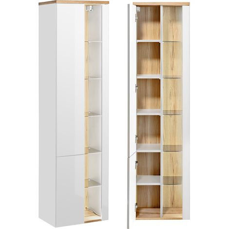 Badezimmer Hochschrank mit LED-Beleuchtung BERMUDA-56 in weiß Hochglanz mit Wotaneiche B/H/T 45/170/33cm (1/5)