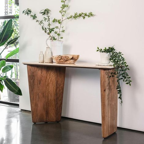 Console d'entrée en bois de manguier et travertin MOON