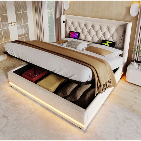 Bett Doppelbett Stauraum 160x200 mit LED USB Beige OKMYHOME (1/5)