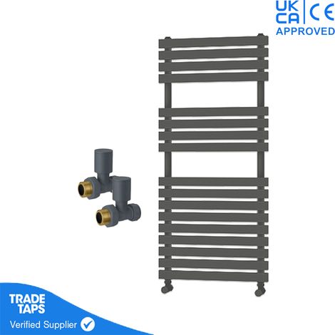 Designer Delta Anthracite Flat Panel Towel Radiator Heated Ladder Rail - 1106 x 500mm - Straight Manual Round Valve Pair (1/3)