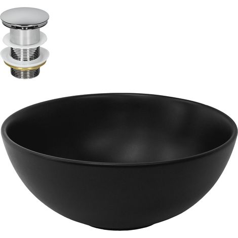 ML-Design Lavabo Redondo Ø 320 x 135 mm Negro de Cerámica Mate Fregadero para Pared o Sobre Encimera con Juego de Desagüe Cromado Lavamanos Moderno Aseo para Mueble de Baño con Agujero para Grifo