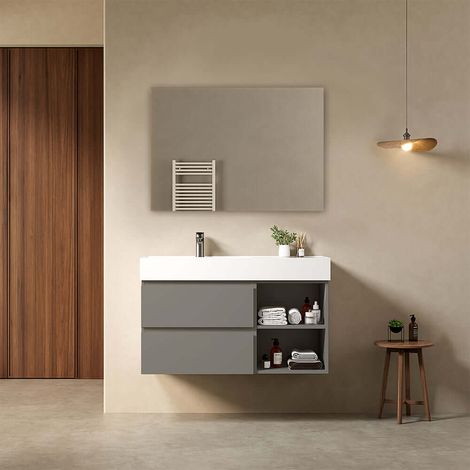 Mobile bagno sospeso 100 cm Grigio Londra Lavabo a Sinistra in Resina Specchio Quadro - Fiji Paint Plus (1/4)