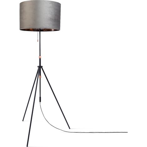 Paco Home Suspension Lampadaire Trépied Salon Abat-Jour Velours Monochrome E27 Gris Cuivre (Ø45,5 cm), Lampadaire - Type 2 - Noir