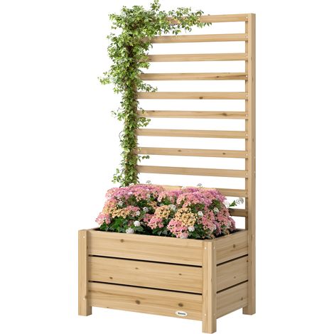 Jardinière avec treillis, brise-vue, trou de drainage et doublure intérieure, 60 x 39 x 120 cm, bois naturel