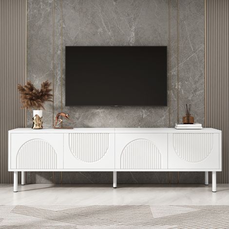 TV-Lowboard 180 cm in Mattweiß – großes modernes TV-Möbel für Wohnzimmer und Schlafzimmer mit 3D-Relief-Designtüren und integrierten Kabeldurchführungen