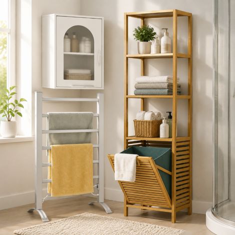 Juego de baño «Bamboo Spa» (3 piezas): armario de pared con puerta de cristal, calentador de toallas de 6 barras y cesto de bambú (1/5)