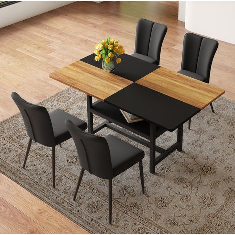 Ensemble de salle à manger 160 cm MDF et métal brun/noir avec 4 chaises en PU noir et tablette de rangement (1/5)