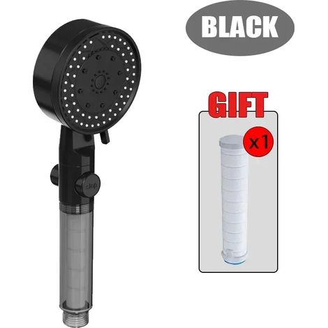 (Noir avec 1 filtre - Diamètre du pommeau de douche : 22,5 cm) Pommeau de douche portable pour salle de bain, 10 jets, haute pression, filtration, arrêt automatique, accessoires (1/5)