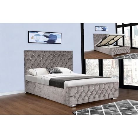 Lit Coffre Bela Capitonné en Tissu Gris - Design Double 90x190cm - Sommier Inclus (1/4)