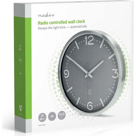 Nedis Wanduhr / Durchmesser: 300 mm / Aluminium / Funkgesteuerte Zeit / Leise Bewegung / Grau / Metall