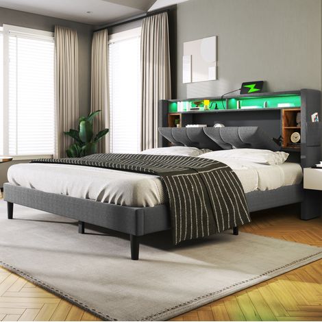 Polsterbett 140/200 cm grau aus Massivholz mit Stauraum-Kopfteil, USB-Anschlüssen und LED-Beleuchtung (1/5)
