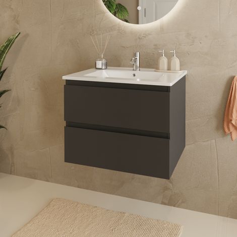 LOMAZOO Meuble de Salle de Bain 60cm - Noir Mat - Vasque Blanche