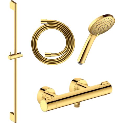 Pack mitigeur douche thermostatique DURAVIT 1000 + Barre 90 cm + Pommeau 3 jets + Flexible 160 cm Doré poli