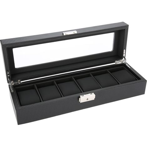 Étui de montre 6 cases en cuir PU à effet fibre de carbone, boîte de rangement et cadeau pour bijoux