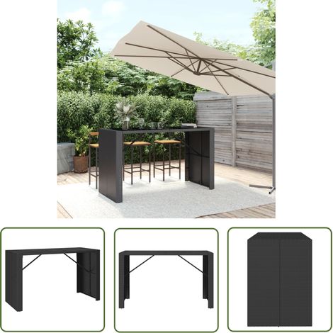 The Living Store Bartisch mit Glasplatte Schwarz 185x80x110 cm Poly Rattan - Gartentisch - Outdoortisch - Bartisch - Poolpartytisch - Esszimmerset (1/5)