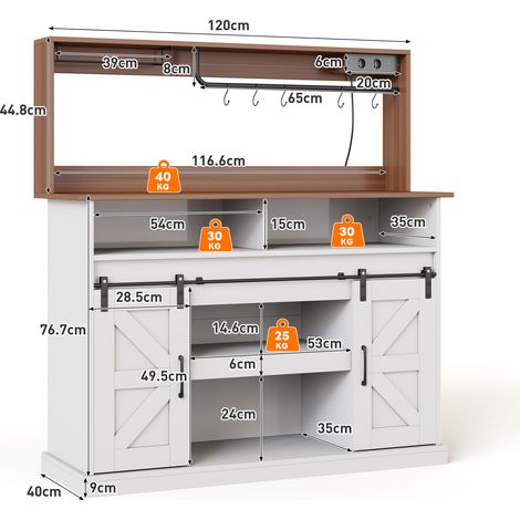 Buffet campagnard 120 cm avec porte-verres et prises (2×AC, 2×USB), meuble de rangement à tiroirs et portes coulissantes pour cuisine/salon, élégant et pratique. (1/5)